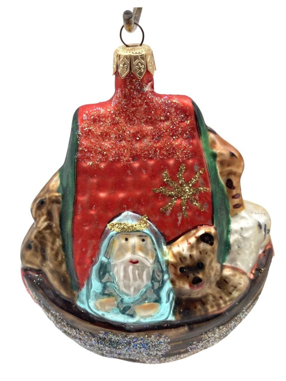 Blown Glass Christmas Noah's Ark Ornament Glitter Accents 6" Poland READ